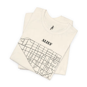 Black ink Alief map design on folded natural unisex short sleeve Chozzen Few T-shirt