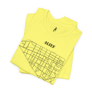 Black ink Alief map design on folded yellow unisex short sleeve Chozzen Few T-shirt