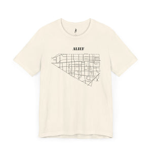 Black ink Alief map design on natural unisex short sleeve Chozzen Few cotton T-shirt