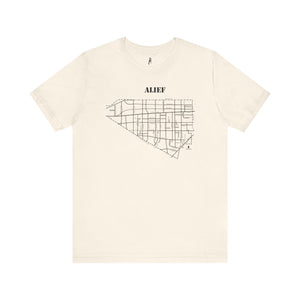 Black ink Alief map design on natural unisex short sleeve Chozzen Few cotton T-shirt