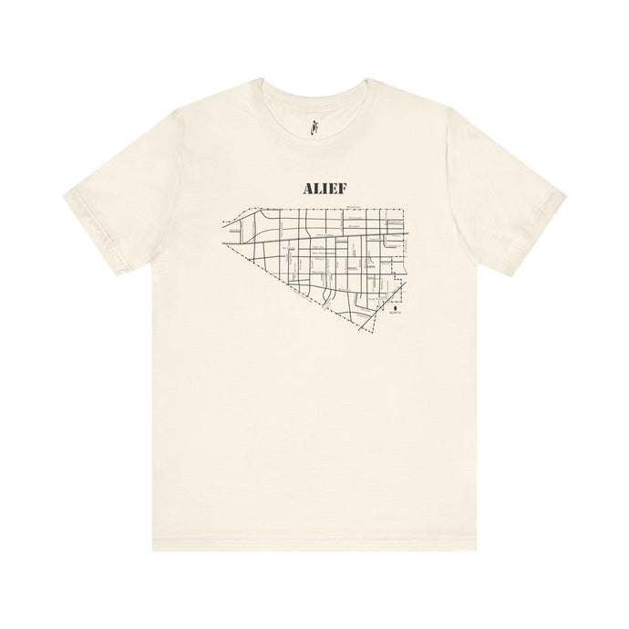 Black ink Alief map design on natural unisex short sleeve Chozzen Few cotton T-shirt