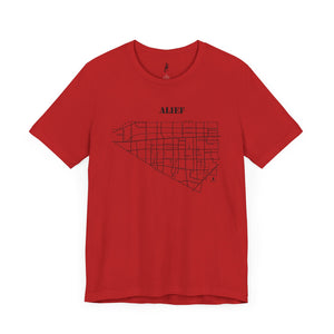 Black ink Alief map design on red unisex short sleeve Chozzen Few cotton T-shirt