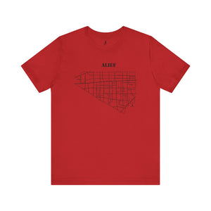 Black ink Alief map design on red unisex short sleeve Chozzen Few cotton T-shirt