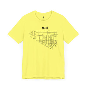 Black ink Alief map design on yellow unisex short sleeve Chozzen Few cotton T-shirt
