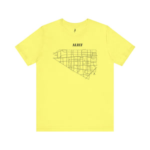 Black ink Alief map design on yellow unisex short sleeve Chozzen Few cotton T-shirt