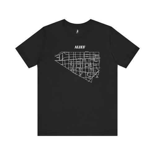 White ink Alief map design on black unisex short sleeve Chozzen Few ultra cotton T-shirt
