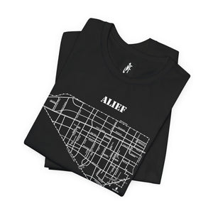 White ink Alief map design on folded black unisex short sleeve Chozzen Few T-shirt