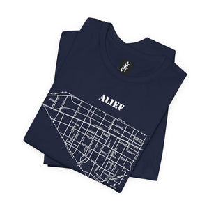 White ink Alief map design on folded navy unisex short sleeve Chozzen Few T-shirt