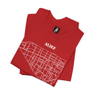 White ink Alief map design on folded red unisex short sleeve Chozzen Few T-shirt