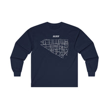 Load image into Gallery viewer, White ink Alief map design on navy unisex long sleeve Chozzen Few ultra cotton T-shirt