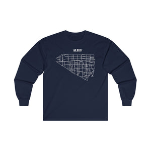 White ink Alief map design on navy unisex long sleeve Chozzen Few ultra cotton T-shirt