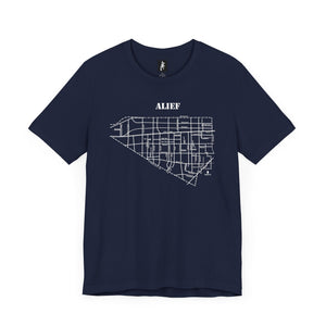 White ink Alief map design on navy unisex short sleeve Chozzen Few cotton T-shirt
