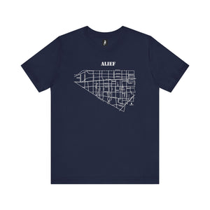 White ink Alief map design on navy unisex short sleeve Chozzen Few cotton T-shirt
