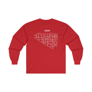 White ink Alief map design on red unisex long sleeve Chozzen Few ultra cotton T-shirt