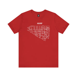 White ink Alief map design on red unisex short sleeve Chozzen Few cotton T-shirt