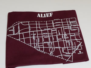 Classic White ink Alief map design on burgundy unisex short sleeve Chozzen Few cotton T-shirt