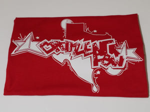 Classic white ink hand-drawn Texas logo design on red unisex short sleeve Chozzen Few cotton T-shirt